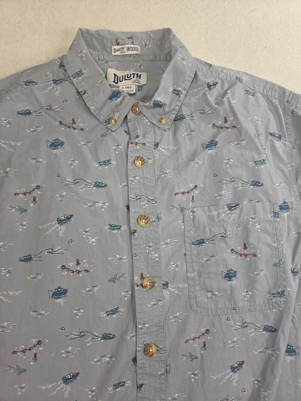 Duluth Trading Untucked Fishing Boat Print Shirt LT - Picture 2 of 7